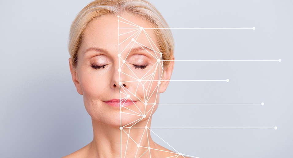 Collage close-up portrait of nice charming pretty attractive woman with perfect smooth soft skin after cream balm mask lotion lines showing places pieces of face isolated on gray pastel background Plastic surgeon did a nose job on a patient